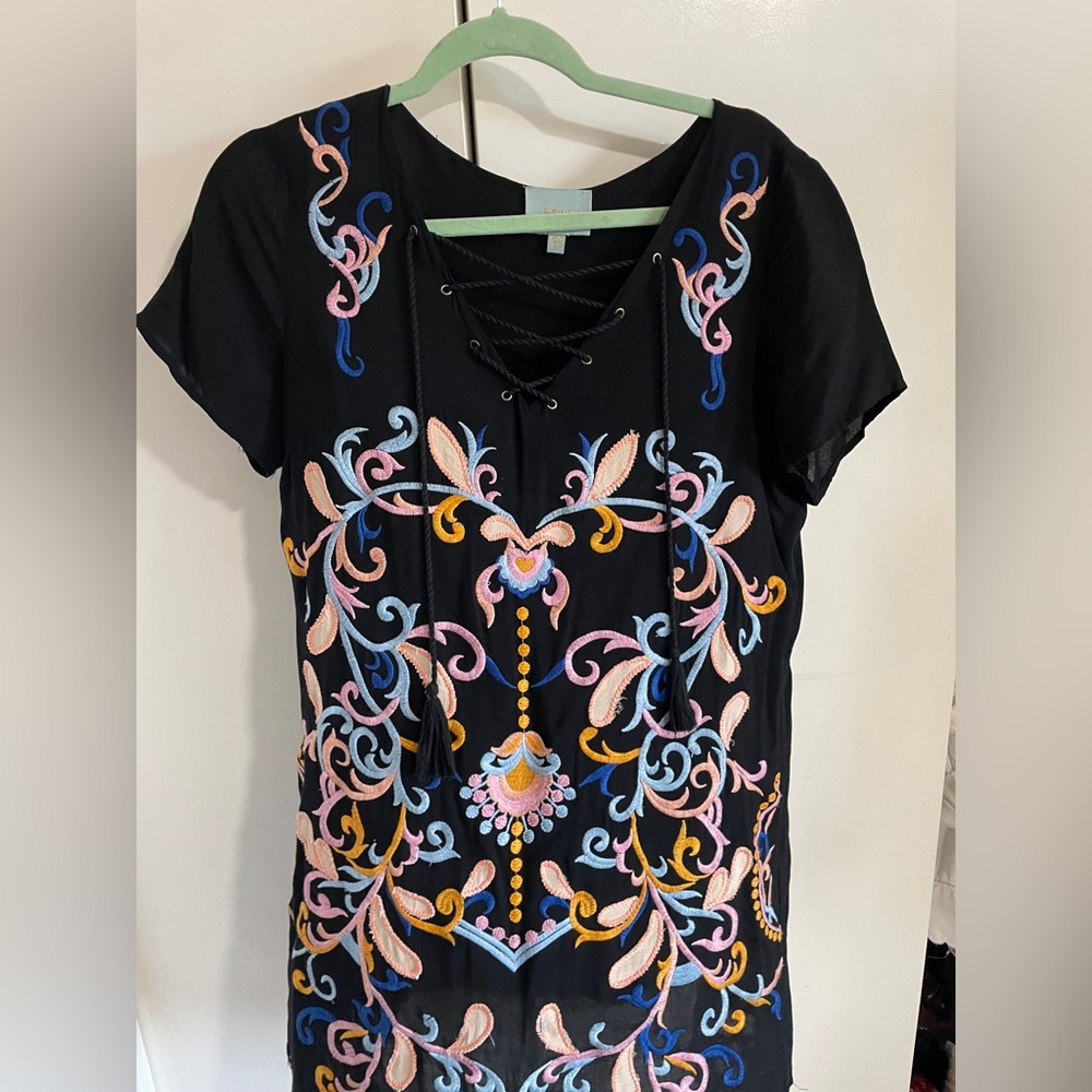Skies Are Blue Black Lace-Up Tunic with Pastel Embroidered Floral Motif